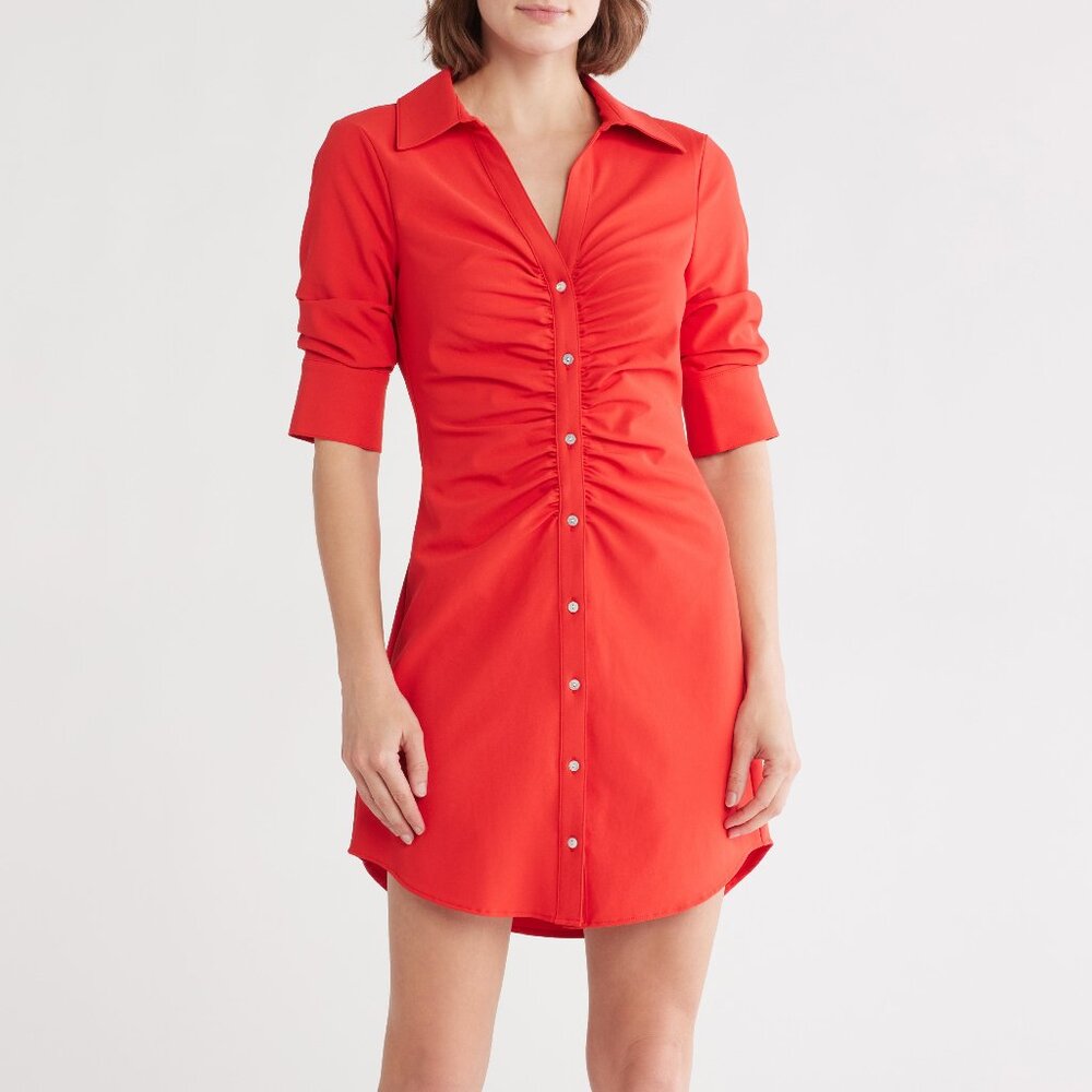 Cinq a Sept Elina Gathered Shirtdress Lava Red Button Down Shirt Dress 6 NWT